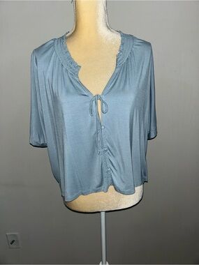 NEW 78&Sunny Light Blue Tie-Neck Short Sleeve Blouse Sz XL